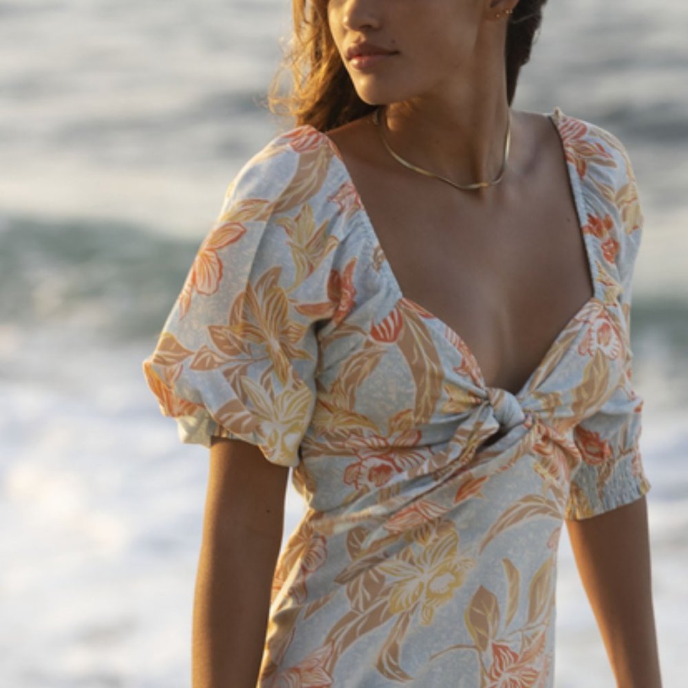 🆕 Roxy│ Women's Evening Delight Midi Sweetheart Island Time Dress Tie Front M